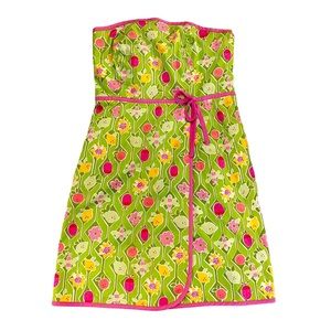 Lily Pulitzer Lime Green Floral Lemon Lime Strapless Dress Cotton Womens 6